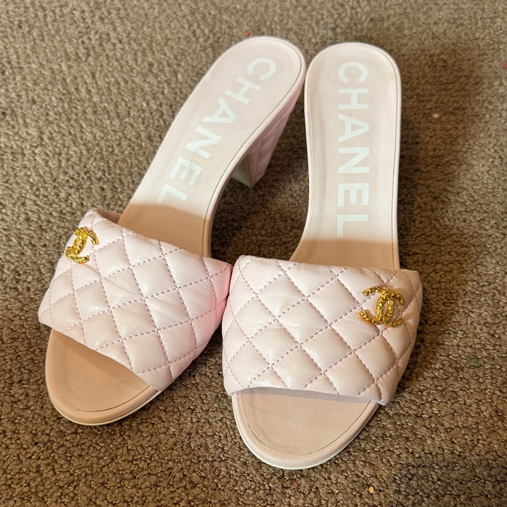 Chanel Light Pink Quilted Mules with Gold Accents